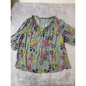 Catherines 3X Sheer Floral Blouse Green Pink Yellow Ruffle Neck Tassel Tie